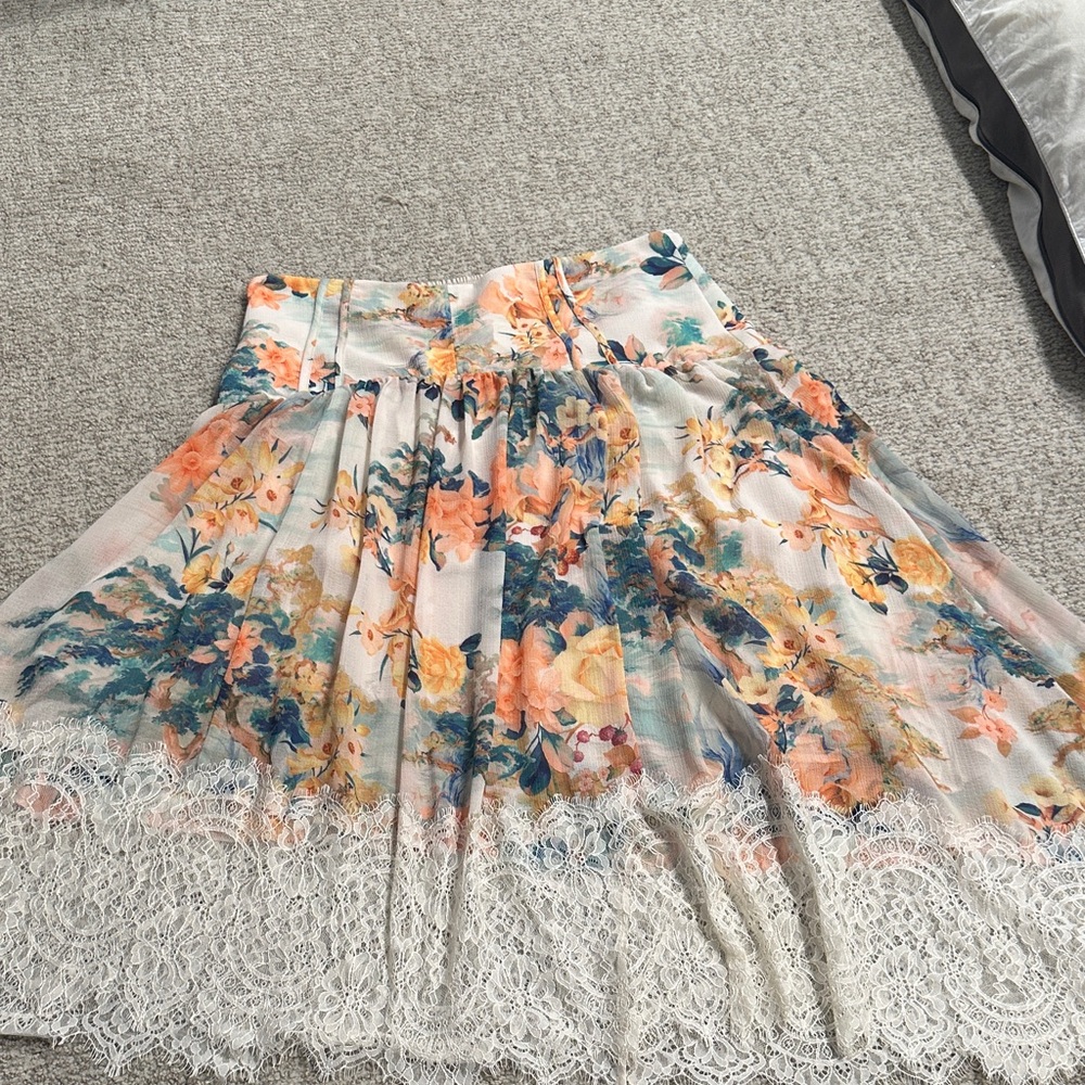 Anthropologie Floral A-Line Skirt with Lace Trim